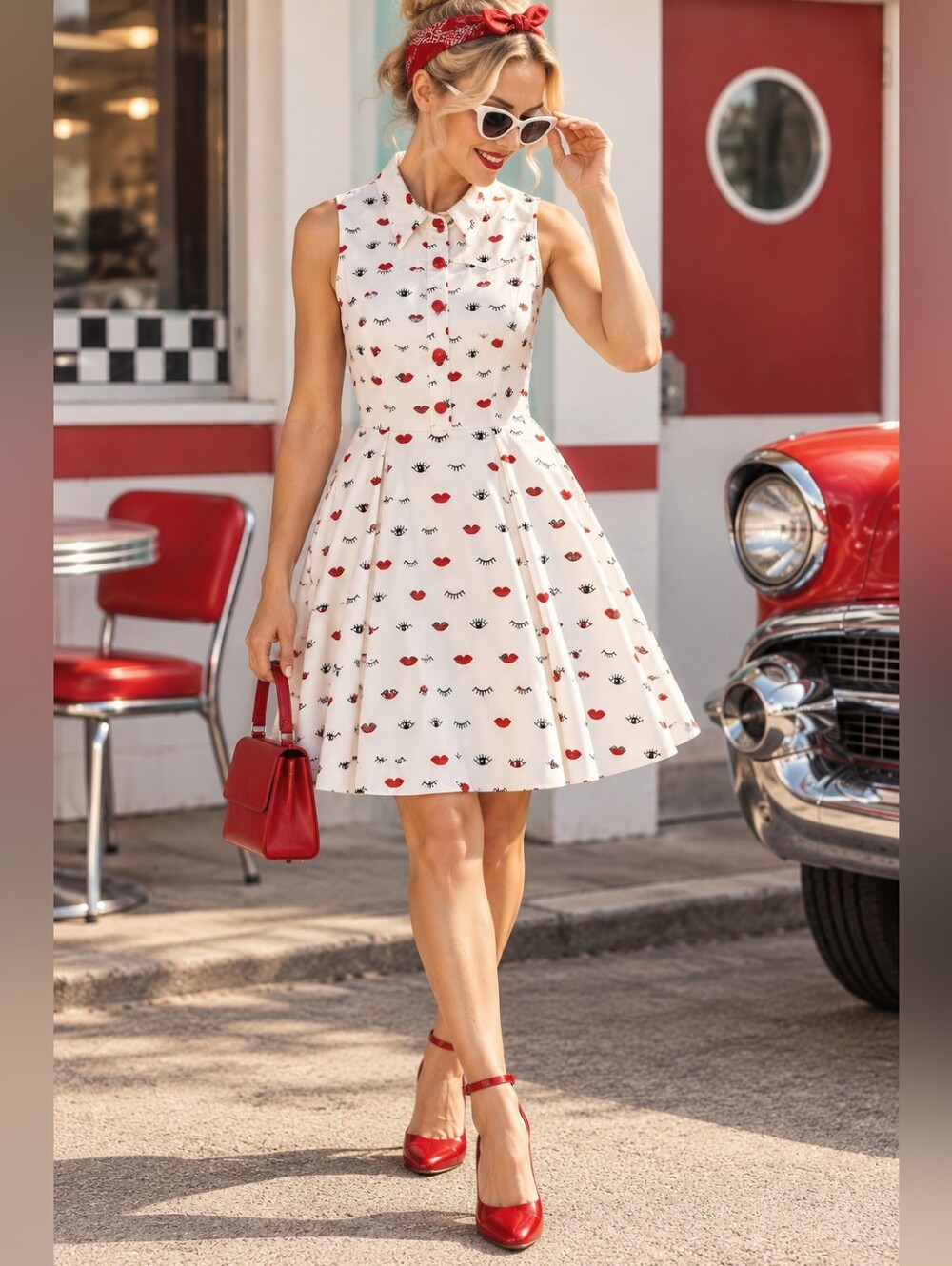 EVA ROSE WINKS AND KISSES PRINT FIT & FLARE SHIRT DRESS APPROX SZ M